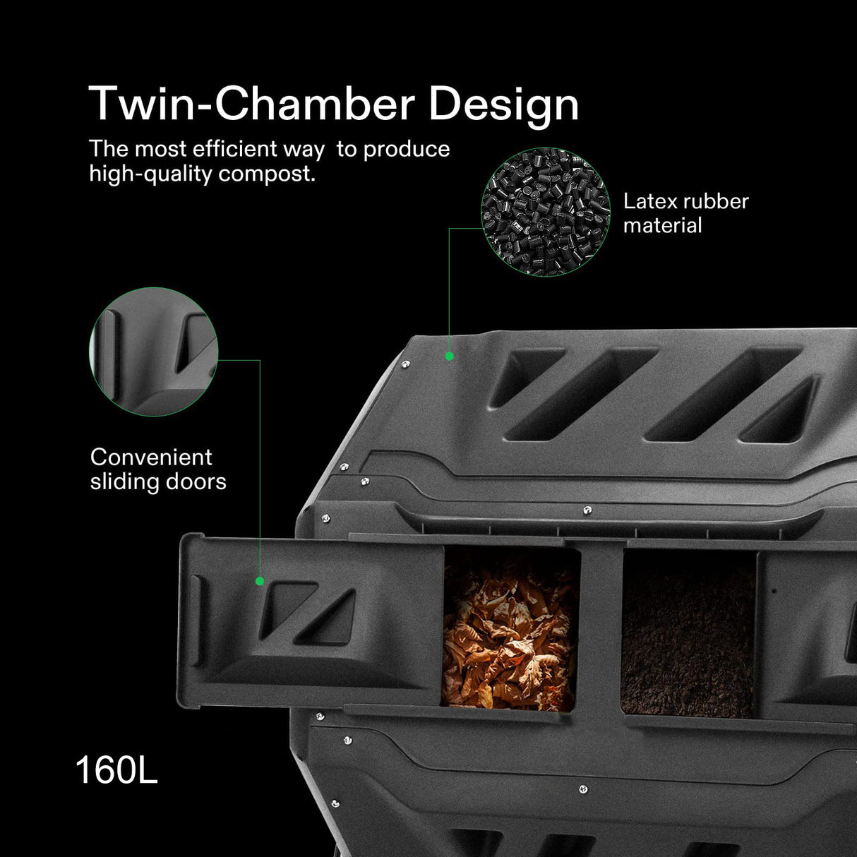 A close-up of the twin-chamber design, illustrating separate compartments for continuous composting and efficient waste management.

