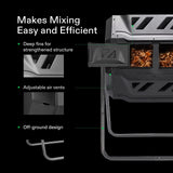 A visual guide showing the compost tumbler's easy mixing system, with ergonomic handles for effortless turning.