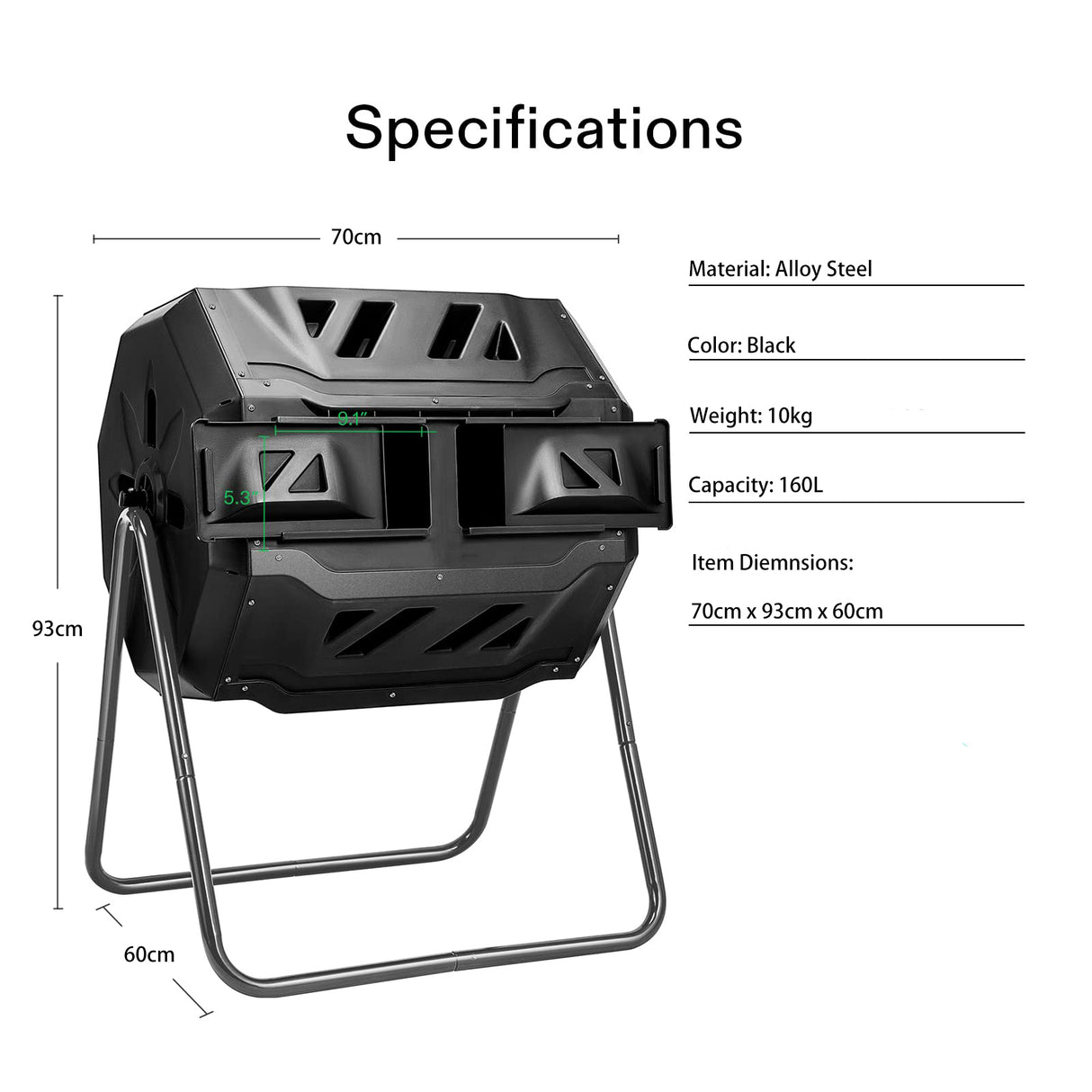 A specifications chart outlining the compost tumbler’s dimensions, material, and capacity, suitable for residential use.