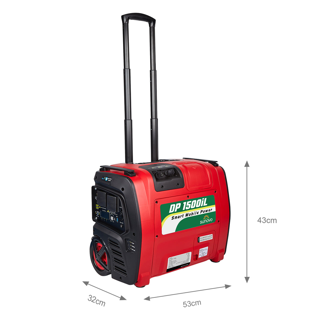 Side view of red generator with telescopic handle extended.