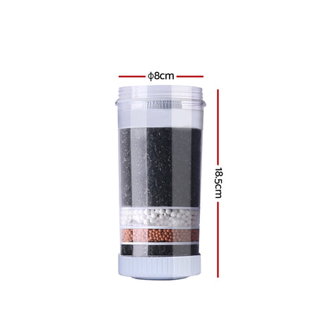 A single water filter cartridge with measurements shown, highlighting its compact and standardized design for compatibility with multiple devices.