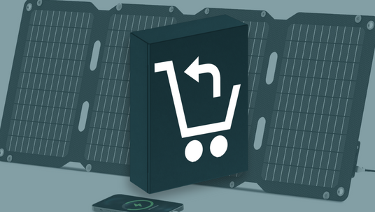 Illustration of a solar panel with a box displaying a shopping cart icon and an arrow, representing returns or purchases. A wireless charging device is placed at the bottom