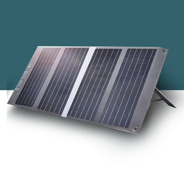 A foldable solar panel in a sleek, open position with a kickstand for optimal sunlight capture, displayed against a teal and gray background.