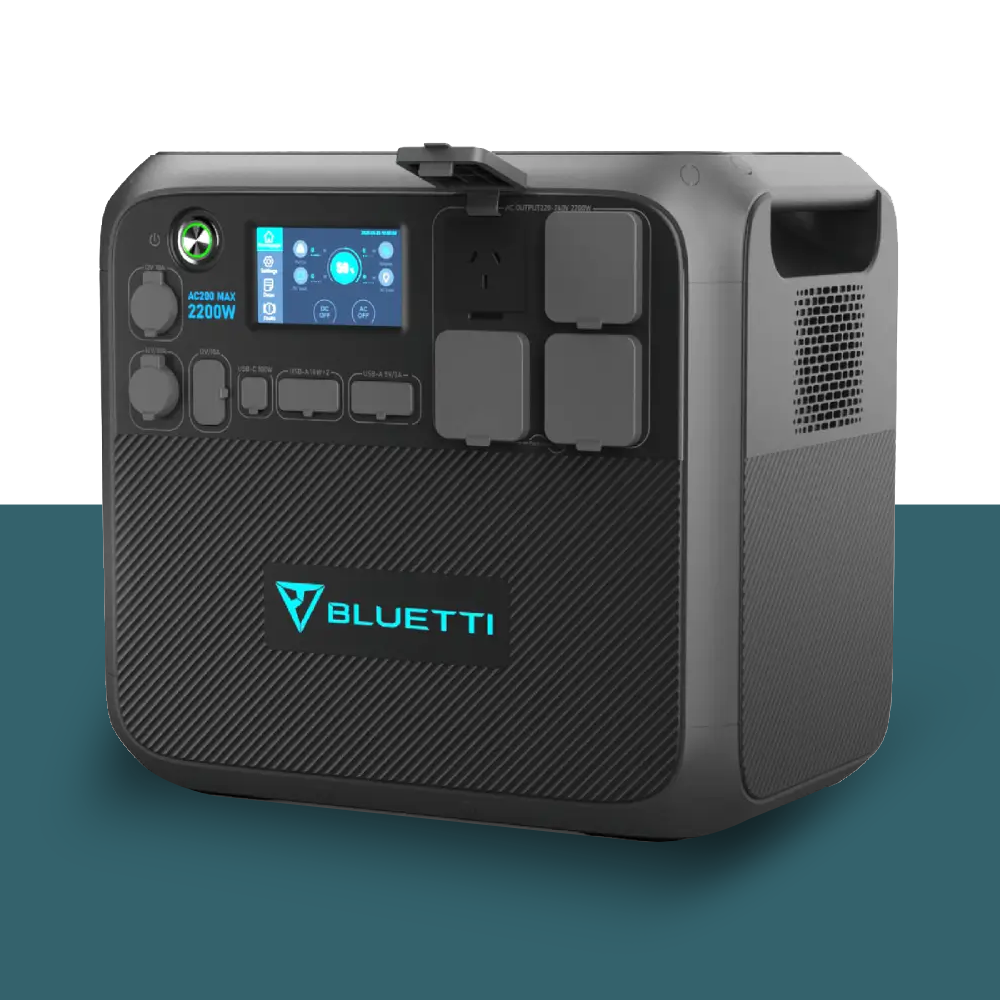 Close-Up Product View: A sleek, modern design featuring the BLUETTI logo, advanced controls, and multiple output ports for efficient power management. Ideal for home, outdoor, and emergency use.