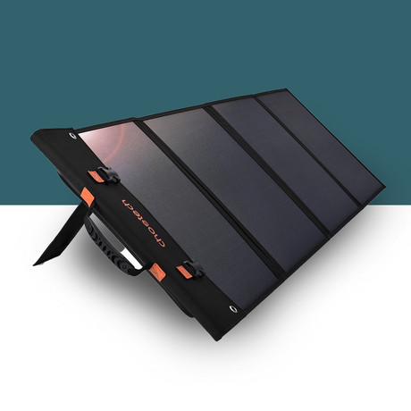 A sleek, foldable solar panel with built-in kickstands, displayed at an angle against a teal background, emphasizing its compact and efficient design.