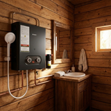 Bathroom with wooden walls, sink, and shower head attached to a wall-mounted water heater.