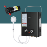 Black water heater with shower head and pump on a teal and white background