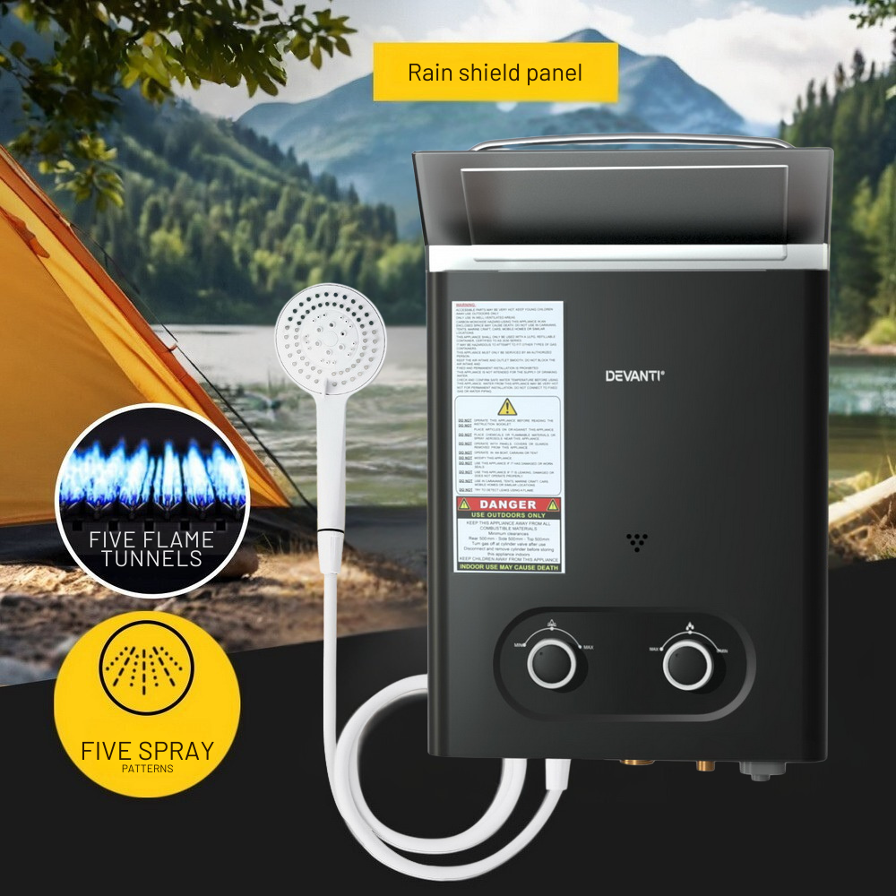 Outdoor shower with camping setup and mountain background