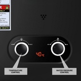 Control panel with temperature and water pressure controls on a black background