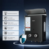 Black boiler with safety features listed on a dark background