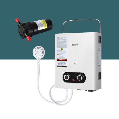 Hot water system with shower head and additional component on a teal and white background