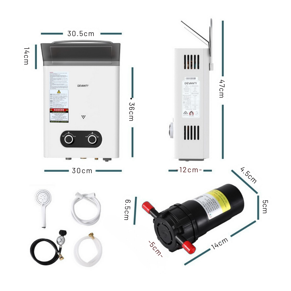 Measurement chart of a water heater and related components on a white background