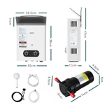 Measurement chart of a water heater and related components on a white background