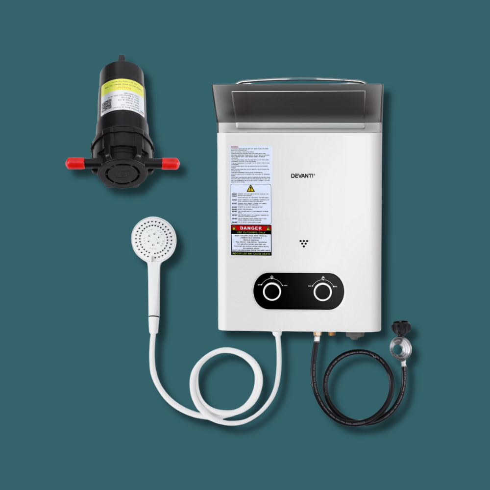 Water heater system with shower head and filter on a teal background