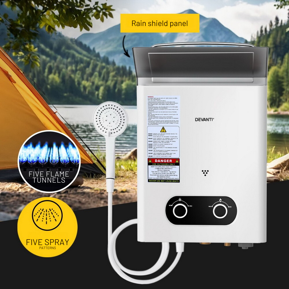 Outdoor shower with rain shield panel and camping setup in the background