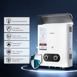 White water heater with safety features listed on a dark blue background