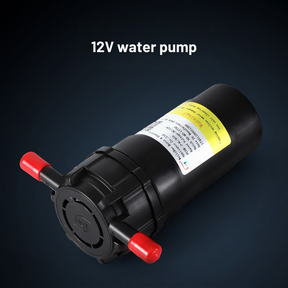 12V water pump with labels on a dark background