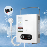 White water heater with shower head and hose on a blue water splash background