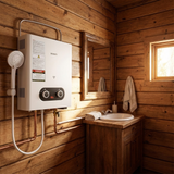 Bathroom with wooden walls, sink, and shower unit.