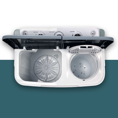 Top view of Devanti 5kg Portable Twin Tub Washing Machine showing washing and spinning tubs