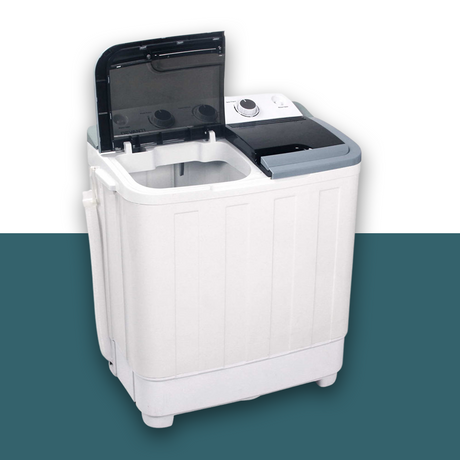 Devanti 5kg Portable Twin Tub Washing Machine with lid open, showing the washing and spinning compartments.