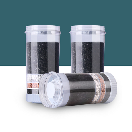 Three water filter cartridges with a transparent casing, showcasing layers of activated carbon and filtration materials, displayed against a teal background.

