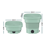 Two green washing machine folded and unfolded with measurements on a white background