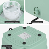 Green washing machine with features highlighted on a white background
