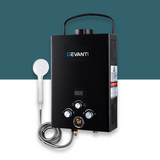 front view of devanti-portable-gas-water-heater-8l-min-with-pump-lpg-system-black