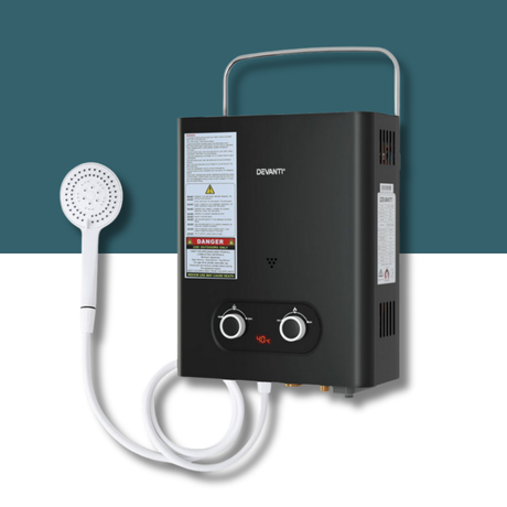 Black portable shower unit with hose and handheld shower head on a white background