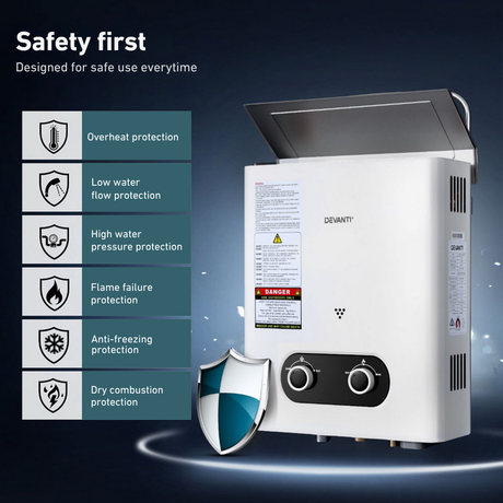 Hot water heater with safety features listed on a dark background