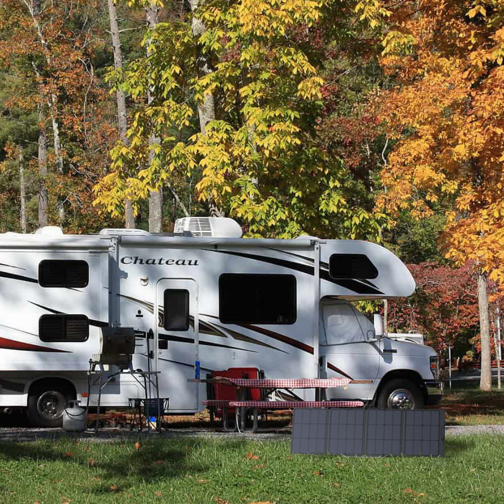 Motorhome parked in a forest with autumn foliage
