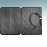 Foldable solar panel with a cable on a light blue background