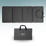 Foldable solar panel with carrying case on a light blue background