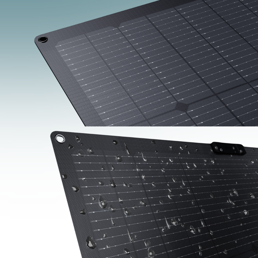 Two views of a solar panel with a grid pattern on a light blue background