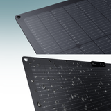 Two views of a solar panel with a grid pattern on a light blue background