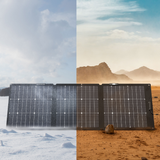 Solar panel on a split background of snow and desert