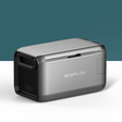 EcoFlow device on a white surface with a teal background