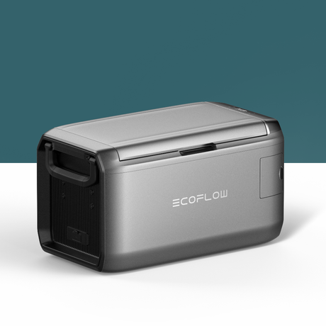 EcoFlow device on a white surface with a teal background