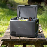 EcoFlow cooler box on a wooden table outdoors