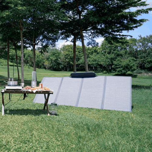 Solar panels on a grassy area with trees in the background