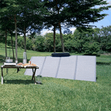 Solar panels on a grassy area with trees in the background