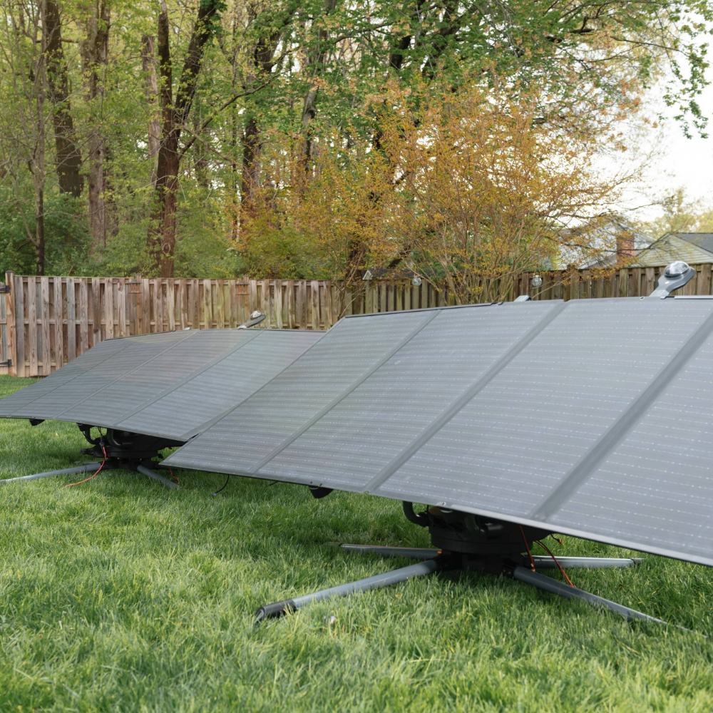 Solar panels on a grassy area with trees in the background