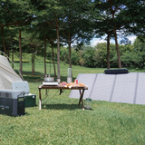 Outdoor camping scene with a table set up in a grassy area with trees.