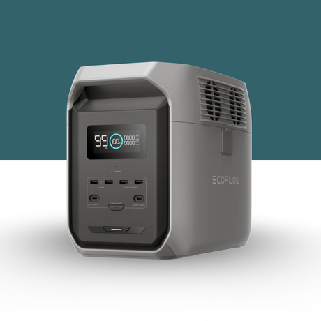 EcoFlow power station on a white surface with a teal background