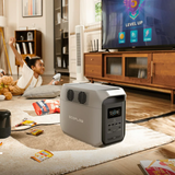 EcoFlow power station on a living room floor with a child playing in the background.