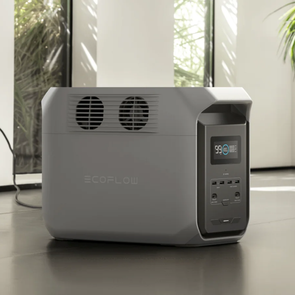 EcoFlow power station on a floor with a modern interior background