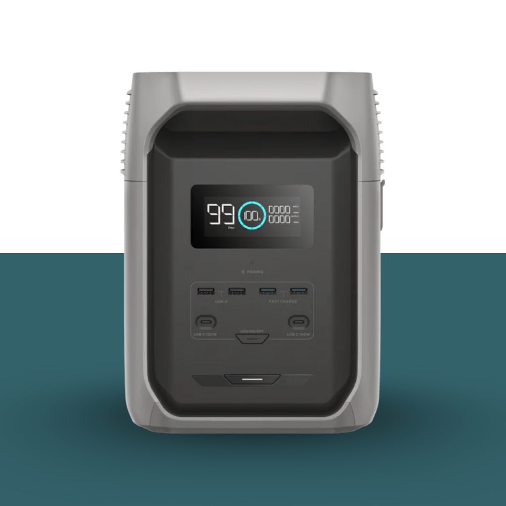 Portable power station with digital display on a two-tone background