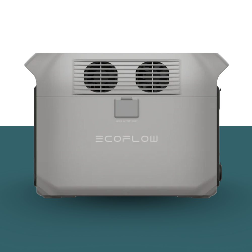 EcoFlow device on a two-tone background with gray top and blue bottom
