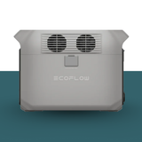 EcoFlow device on a two-tone background with gray top and blue bottom